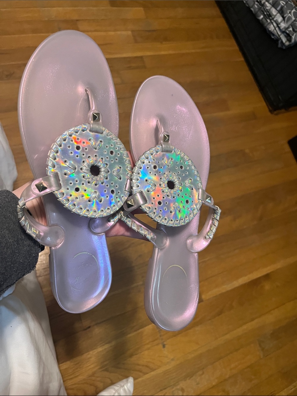 Iridescent silver/ gray jack rogers Jelly Sandals with Holographic Medallions